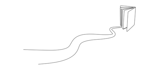 Continuous one line drawing of open book with flying pages. Education and knowledge library concept. Path to knowledge in Editable stroke. Doodle vector illustration