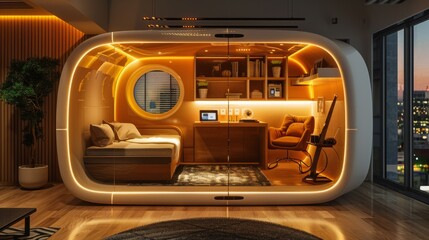 futuristic capsule hotel pod featuring a compact desk, led lighting, smart tech, and sleek minimalist decor, revolutionizing the sleeping experience