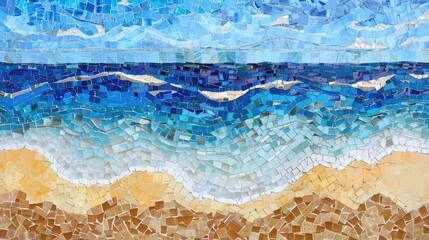 A stunning mosaic painting depicting the beauty of nature with seashells and starfish on a beach. The artwork captures the essence of the natural world in electric blue hues AIG50
