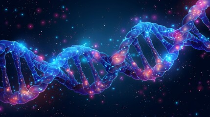 Digital illustration of a neon dna strand against a starry cosmic background