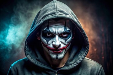 portrait of a person in a hood. portrait of dangerous hooded hacker in joker mask