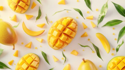 Obraz premium Freshly sliced mangoes arranged neatly on a bright surface.