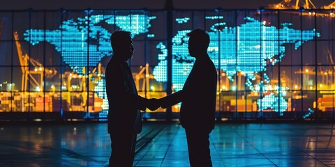 Two businessmen are making a business agreement by shaking hands, on the technology background of a world map monitor screen.