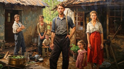 Rustic Family Portrait in a Dilapidated Homestead