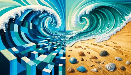 Surrealistic beach scene with pixelated waves and seashells on sand