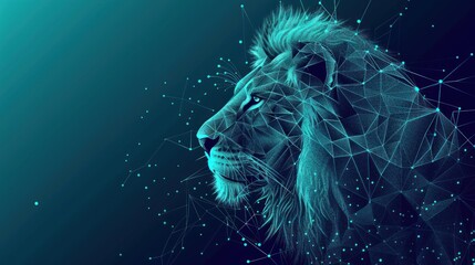 Abstract digital lion in polygons, lines and connected dots. King of beasts. Technology wild concept. Low Poly Wireframe 3D AI generated