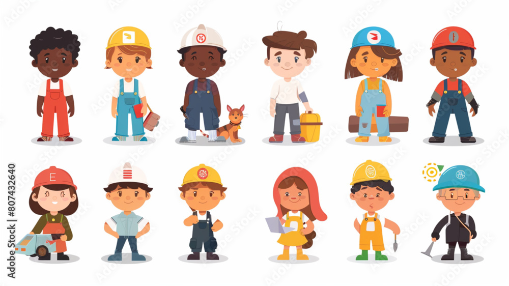 Wall mural 
Kids Vector Characters Collection with Set of 12 Different Professions or Occupation in Flat icon Style - Wall murals