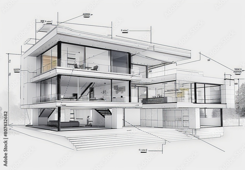 Poster wireframe rendering of a contemporary house with technical details