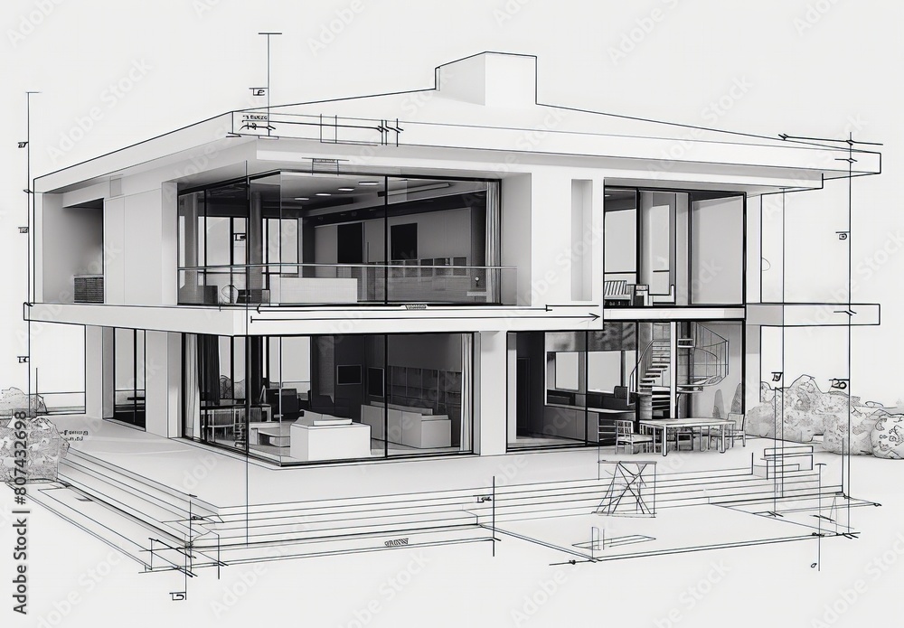 Poster Wireframe rendering of a contemporary house with technical details