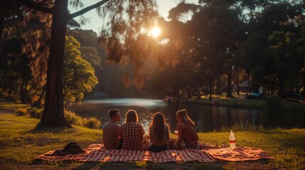 group of friends having a picnic on a red checkered blanket under the trees