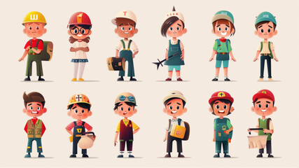 Kids Vector Characters Collection with Set of 12 Different Professions or Occupation in Flat icon Style