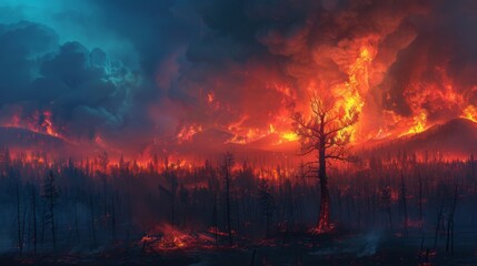 A Fire Raging Across a Forest in the Middle of the Night With a Lone Tree Standing In Front of It - Generative AI