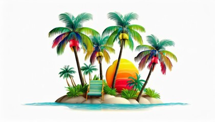 Fototapeta premium 夏の心地、トロピカル、ヤシの木、ロゴ風、豊かな色彩、迫力、視覚的に見やすいイラスト、白い背景 generated by AI
