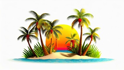Obraz premium 夏の心地、トロピカル、ヤシの木、ロゴ風、豊かな色彩、迫力、視覚的に見やすいイラスト、白い背景 generated by AI