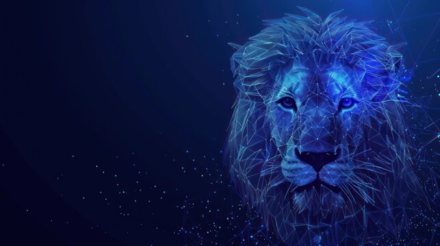 Abstract digital lion in polygons, lines and connected dots. King of beasts. Technology wild concept. Low Poly Wireframe 3D AI generated