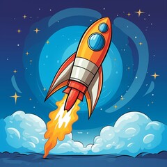 Naklejka premium Colorful Cartoon Illustration of a Rocket Launching into the Starry Night Sky