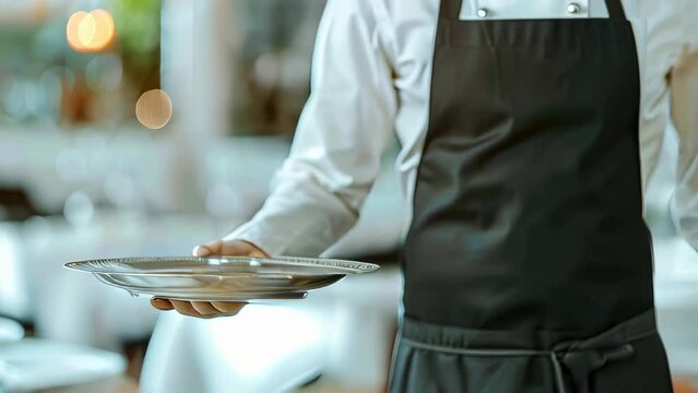 Waiter in black apron holding empty silver tray restaurant setting