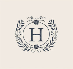 logo, elegant style, with the text "H" , wedding monogram design for invitation card with floral elements and decorative frame around letters, solid background