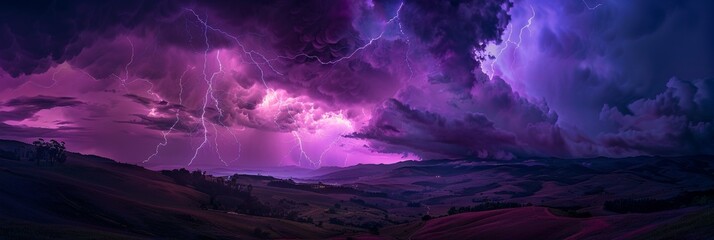 Intricate patterns of purple lightning streaking across a stormy sky, casting an otherworldly hue on the landscape below.