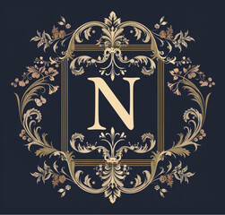 logo, elegant style, with the text "N" , wedding monogram design for invitation card with floral elements and decorative frame around letters, solid background