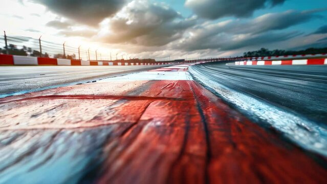 Low-angle view of racetrack with red and white curbs under dramatic sky