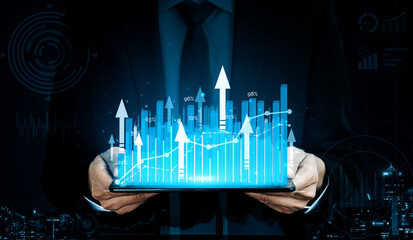 Double Exposure Image of Business and Finance - Businessman with report chart up forward to...