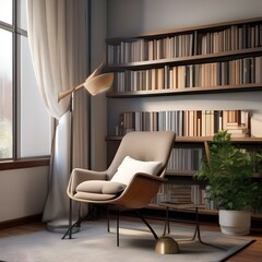 A cozy reading nook with a comfortable chair, a stack of books, and a soft, reading lamp2