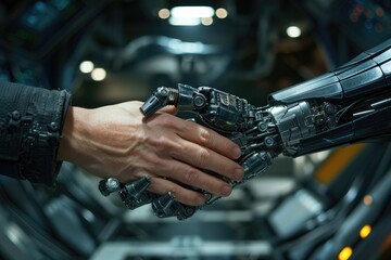 A robot hand shakes a human hand. The robot is made of metal and has a metallic look. Concept of technology and human interaction