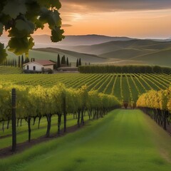 A picturesque vineyard with rows of grapevines, a charming winery, and rolling hills in the...