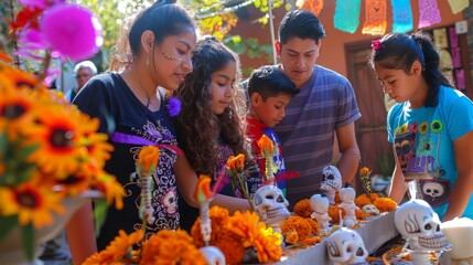 family is gathered around an ofrenda, a traditional altar used to honor the dead during the Mexican...