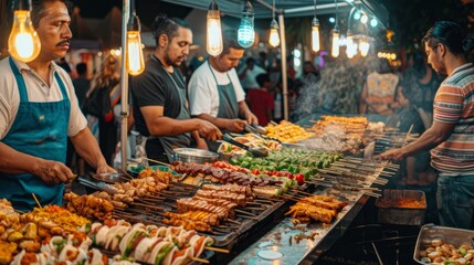 Obraz premium group of men are grilling various types of meat and vegetables on a large grill at a night market.