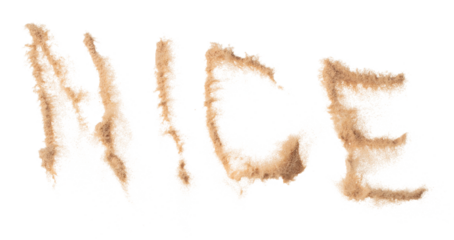 NICE Text Word of Sand letter. Calligraphy of Sand flying explosion with NICE text wording in alphabet english letter. White background Isolated throwing particle element object