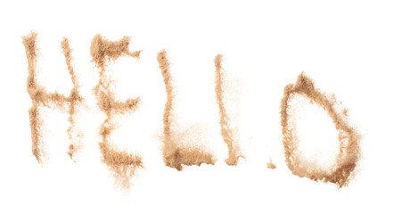 HELLO Text Word of Sand letter. Calligraphy of Sand flying explosion with HELLO text wording in alphabet english letter. White background Isolated throwing particle element object