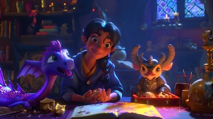 Whimsical Fantasy Scene of Wizard and Magical Animal Companions in Mystical Ambiance