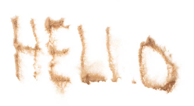HELLO Text Word of Sand letter. Calligraphy of Sand flying explosion with HELLO text wording in alphabet english letter. White background Isolated throwing particle element object