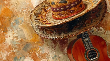 straw hat and a guitar rest against a colorful wall.