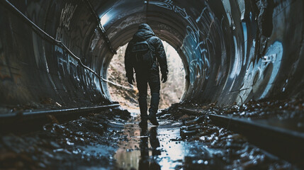 A man in a dark raincoat with a hood walks through a tunnel.