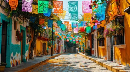 Fototapeta premium street in Mexico with colorful paper flags.