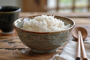 A bowl of white rice is sitting on a wooden table with chopsticks next to it. The bowl is filled with rice and there are two cups on the table. Concept of simplicity and comfort