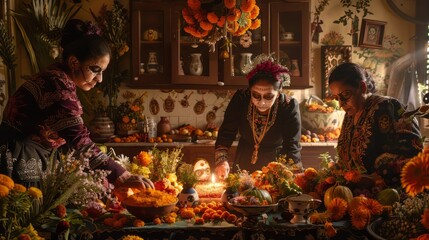 An old Mexican woman is cooking traditional food in a kitchen decorated with flowers and candles