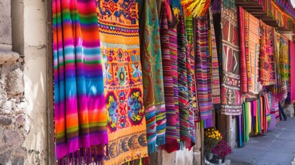Colorful mexican serapes hanging on a wall