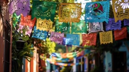 Colorful papel picado flags hang from a string across the street.