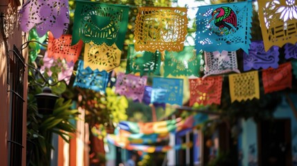 Fototapeta premium Colorful papel picado flags hang from a string across the street.