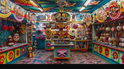 Inside of a very colorful and psychedelic candy store.