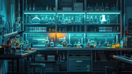 A laboratory with a blue light on the shelves. The shelves are full of glass bottles and vials