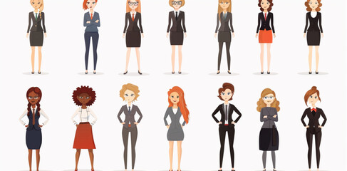 Set of business women in different , with short and long hair styles, full body avatar set isolated on white background vector illustration