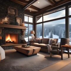 A cozy ski lodge with a roaring fireplace, ski equipment, and a view of the slopes4
