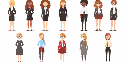 Set of business women in different , with short and long hair styles, full body avatar set isolated on white background vector illustration