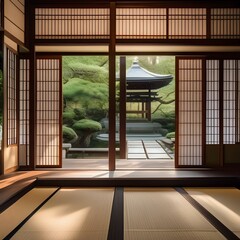 A traditional Japanese tea house with sliding doors, tatami mats, and a serene garden1