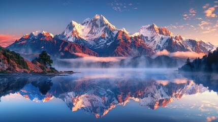 A Mountain Range Is Reflected in a Large Body of Water on a Cloudy Day - Generative AI